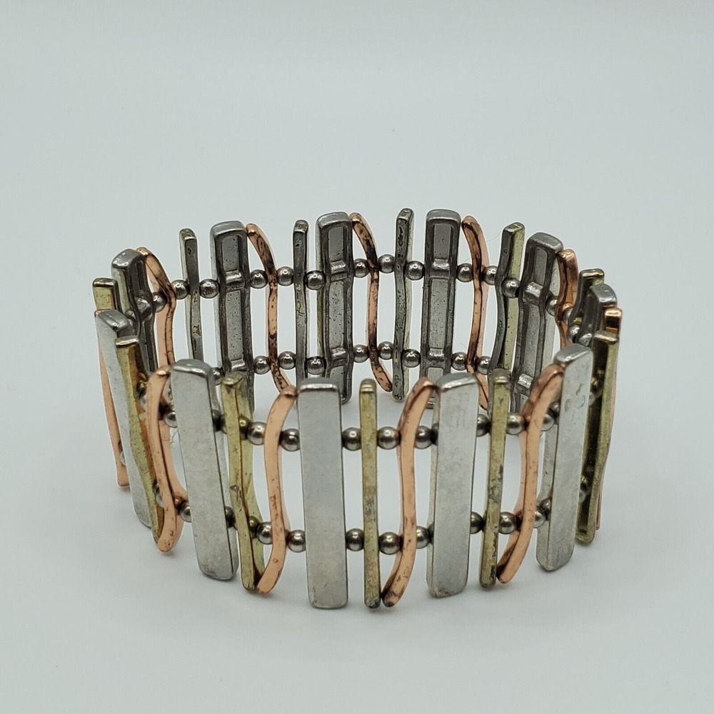 Tri Tone Slat Stretch Bracelet Gold‎ Silver Rose Tone Fashion Jewelry